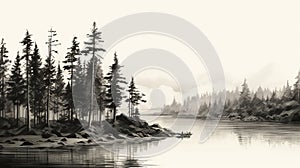Delicate Black And White Watercolor Landscape Of Pine Trees By The River