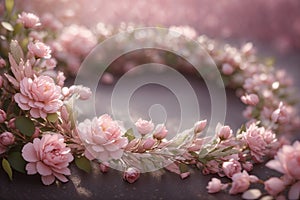 Delicate blooming festive roses and light pink flowers background, blossoming rose flower soft pastel frame