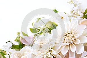 Delicate blossoming white flowers, blooming light dahlias festive background, wedding bouquet pastel floral card