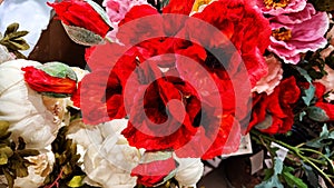 Delicate blossoming white flowers, blooming rose and red poppies festive background, flower bouquet image, soft petals