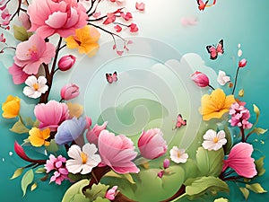 Delicate blossoms adorn the scene, featuring a variety of spring flowers such as cherry blossom.