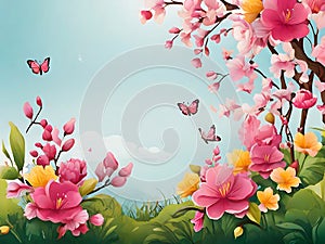 Delicate blossoms adorn the scene, featuring a variety of spring flowers such as cherry blossom.