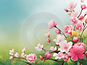 Delicate blossoms adorn the scene, featuring a variety of spring flowers such as cherry blossoms.