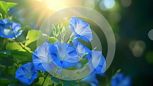 The delicate blue blooms of a morning glory vine their petals seeming to dance in the sunlight as it filters through