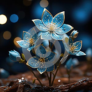 Delicate blue flowers on a branch against a dark background