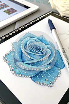 Delicate Blue Rose with Diamonds