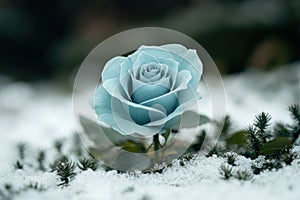 Delicate blue rose in snow