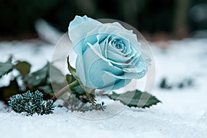Delicate blue rose in snow