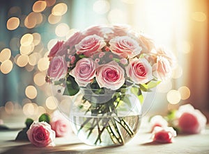 A delicate bouquet of pink roses in a round glass vase. Congratulatory background for any holiday