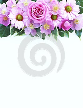 Delicate bouquet with pink roses on a white background. Delicate floral arrangement.