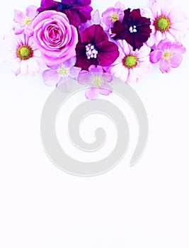 Delicate bouquet with pink roses on a white background. Delicate floral arrangement.
