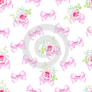 Delicate bows and small rose bouquets seamless vector print