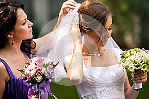 Delicate bridesmaid helps a bride to put on a wedding veil