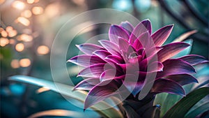 Delicate bromeliad blossom in full bloom, with soft lighting creating an ethereal, dreamy atmosphere. AI generated image. photo