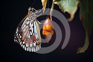 Delicate butterfly emerging from its chrysalis, unfurling its wings to reveal stunning patterns and hues. Generative AI