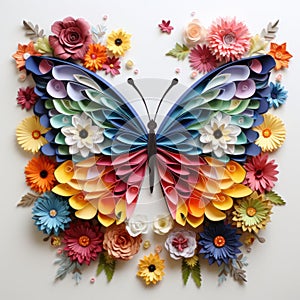 A delicate butterfly, its wings formed from a rainbow of origami folds, fluttering among flowers by AI generated