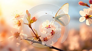 Delicate butterfly on white spring flower in morning sunlight, soft focus easter nature background