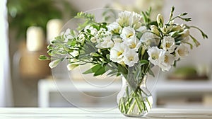 The Delicate Charm of White Freesia Flowers Elegantly Displayed on a Home Table