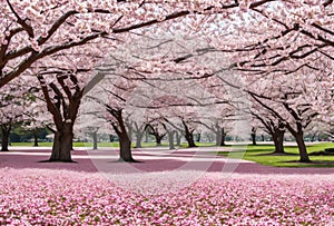 Delicate cherry blossoms bloom in a symphony of pink and white, their fragrant petals dancing on the breeze, a fleeting photo