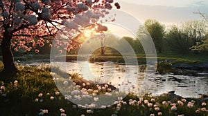 Delicate Cherry Blossoms And Serene River In Unreal Engine: A Photorealistic Spring Scenery