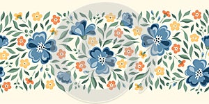 Delicate Chintz Romantic Meadow Wild Flowers Horizontal Vector Seamless Pattern Border