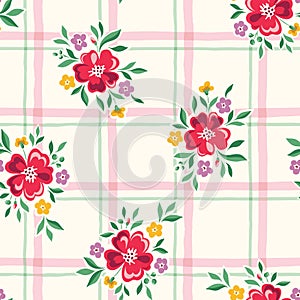 Delicate Chintz Romantic Meadow Wild Flowers and Plaid Checks Vector Seamless Pattern