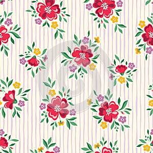 Delicate Chintz Romantic Meadow Wild Flowers and Stripes Vector Seamless Pattern