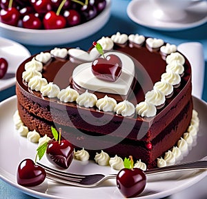 Delicate chocolate heart-shaped sponge cake filled with sour cream, sugar and cherries