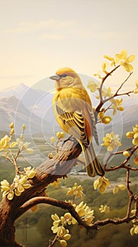 Delicate Chromatics: Yellow Bird Perched On Branch In Northern China Landscape