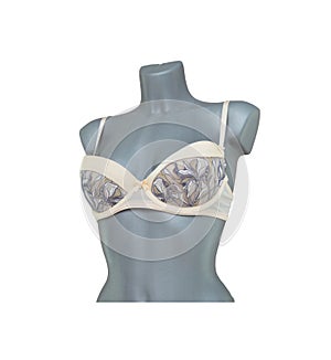 Delicate classic lace lingerie. Set - bra and women`s panties on a mannequin  on a white background