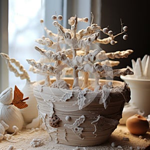 Delicate Clay Sculptures: White Trees Crafted With Beads And Yarn