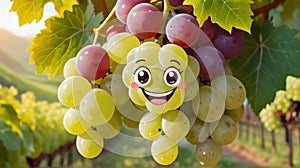 a delicate cluster of Grapes with cute faces hanging from stem with smiling faces laughing faces