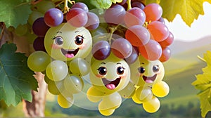 a delicate cluster of Grapes with cute faces hanging from stem with smiling faces laughing faces