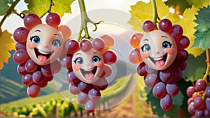 a delicate cluster of Grapes with cute faces hanging from stem with smiling faces laughing faces