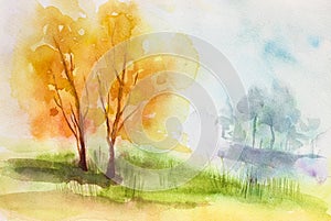 Delicate colorful landscape. Watercolor, gouache. Freehand drawing. Trees by the water. Beautiful sunrise or sunny day. Delicate