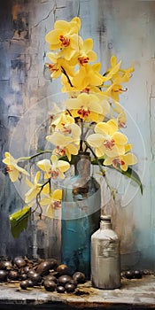 Delicate Compositions: Yellow Orchids In A Blue Vase
