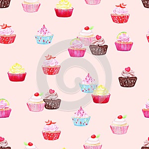 Delicate cupcakes watercolor seamless vector print