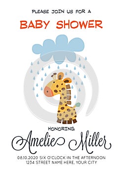 Delicate customizable baby shower card template with giraffe toy