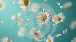 Delicate daisies float with grace against a serene turquoise backdrop, petals drifting in a tranquil dance