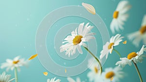 Delicate daisies flying with grace against a serene turquoise backdrop, with copy-space for text or product