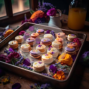 Delicate Delights: Tray of Freshly Baked Macarons with Edible Flowers