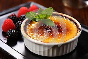 Delicate dessert CrÃ¨me Brulee with berries photo