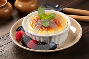 Delicate dessert CrÃ¨me Brulee with berries photo