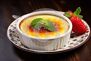 Delicate dessert CrÃ¨me Brulee with strawberries photo