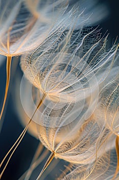 Delicate details of dandelion seeds up close, highlighting their structure and fragility