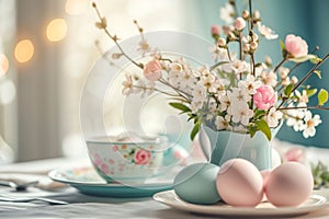 a delicate Easter composition of Easter breakfast serving of colored eggs on a plate,spring flowers and an elegant tea pair, the