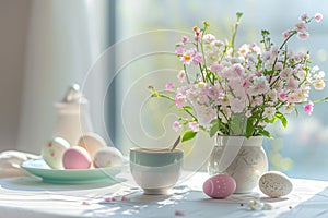 a delicate Easter composition of Easter breakfast serving of colored eggs on a plate,spring flowers and tea cups, the concept of