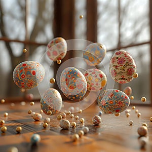 Delicate Easter eggs adorned with vibrant colors and intricate patterns mysteriously hover in mid-air