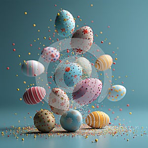 Delicate Easter eggs adorned with vibrant colors and intricate patterns mysteriously hover in mid-air