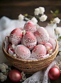 Delicate Easter Eggs in a Rustic Basket